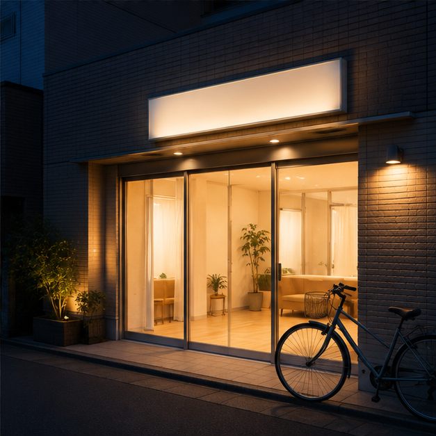 夜も明かりのついた整骨院たかはしの入口