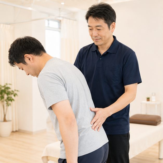 立った姿勢の患者の腰に手を添え、体の動きを確認する院長