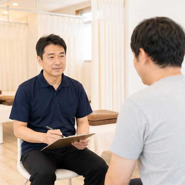 椅子に座った患者から話を聞き、カルテに記録する院長