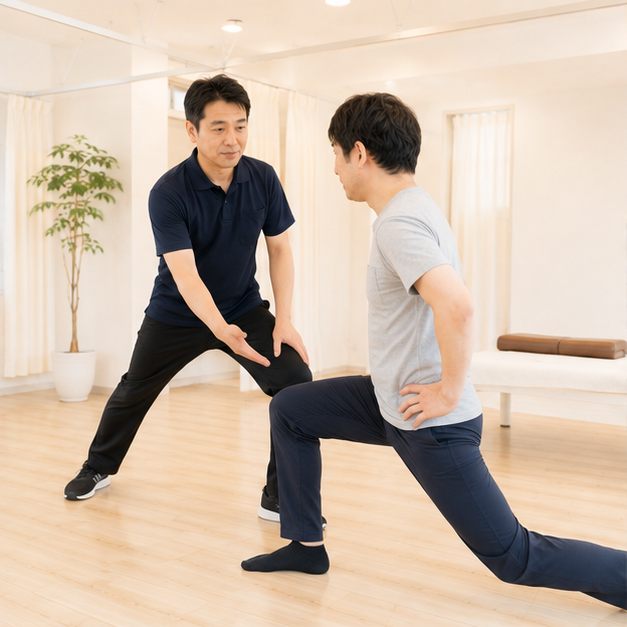 患者に腰のストレッチを実演して見せる院長