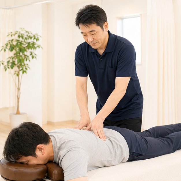 うつ伏せの患者の腰に手を当てて施術する院長