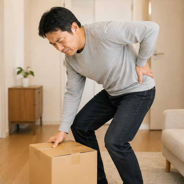重い荷物を持ち上げようとして腰を押さえ、動けなくなった男性