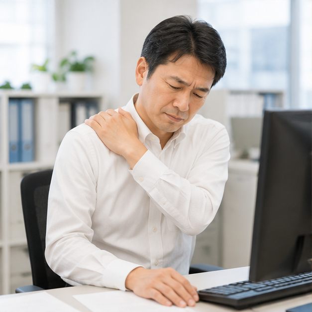 パソコンの前で首から肩にかけて手を当てる40代の男性