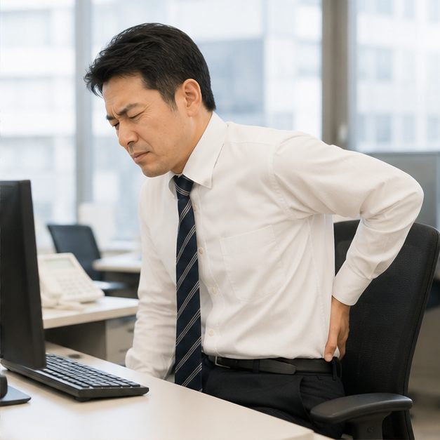 デスクワーク中に腰を押さえてつらそうにする40代の男性